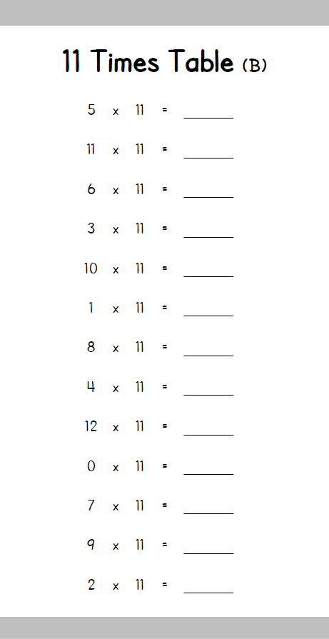 11 times table book inside page