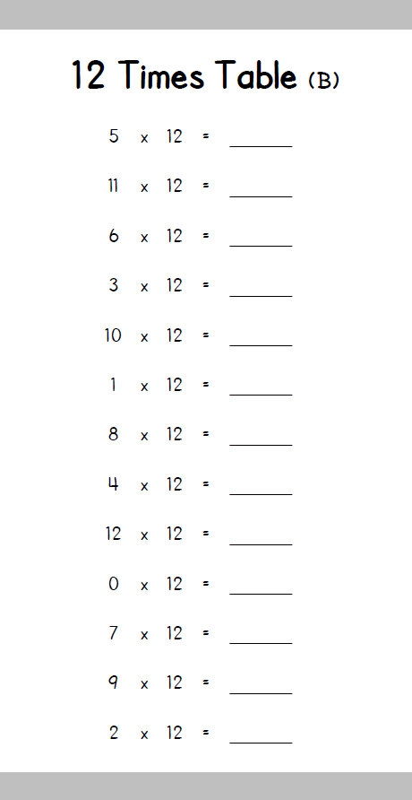 12 times table book inside page