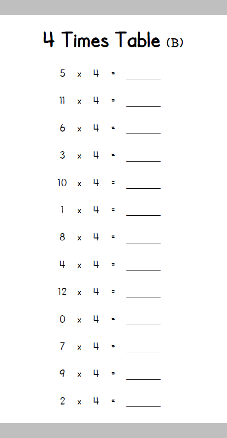 4 times table book inside page