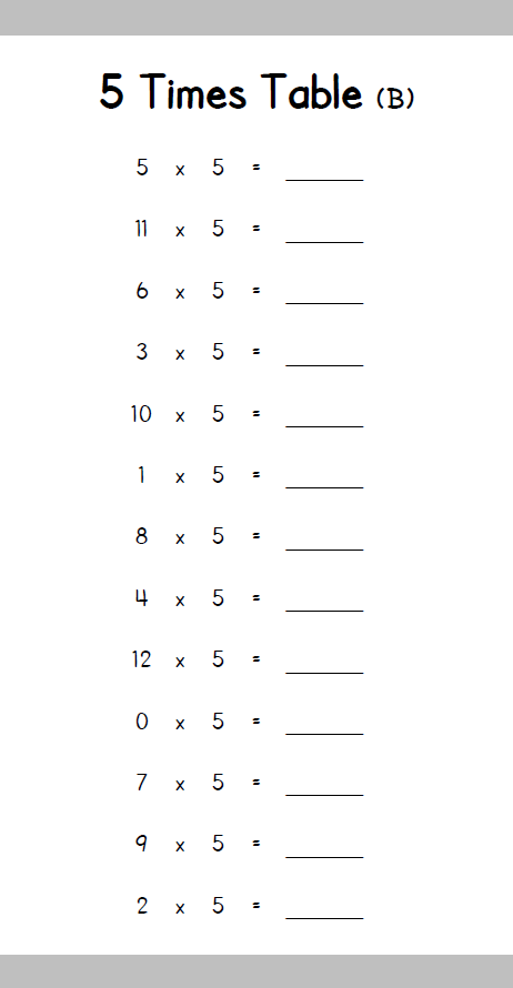 5 times table book inside page
