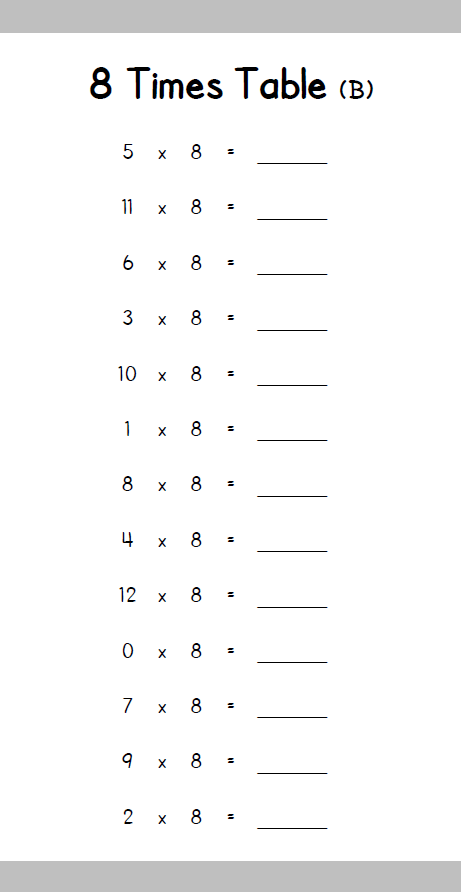 8 times table book inside page