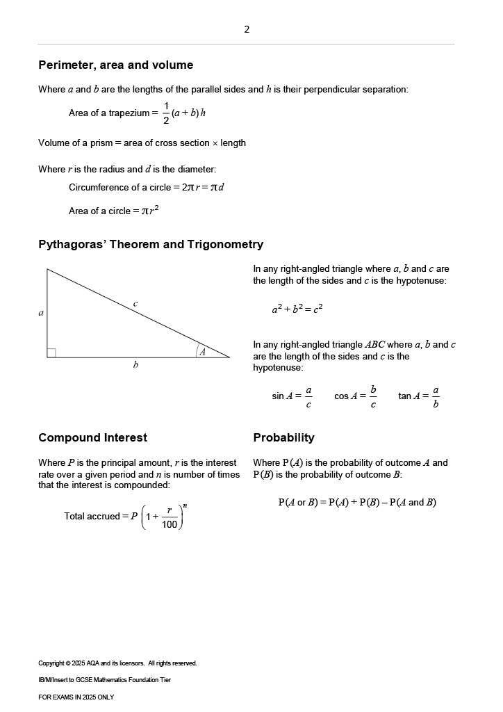 AQA formulae sheet - Foundation