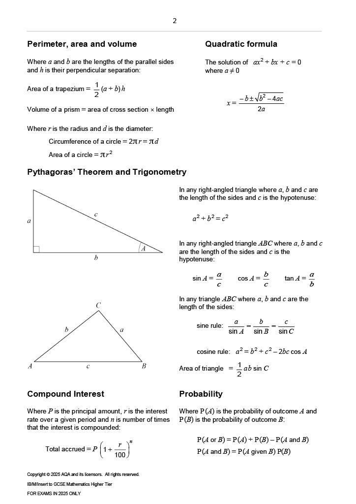 AQA formulae sheet - Higher