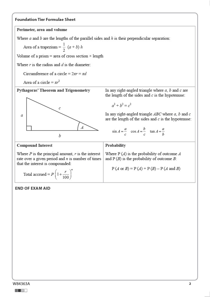 Edexcel formulae sheet - Foundation