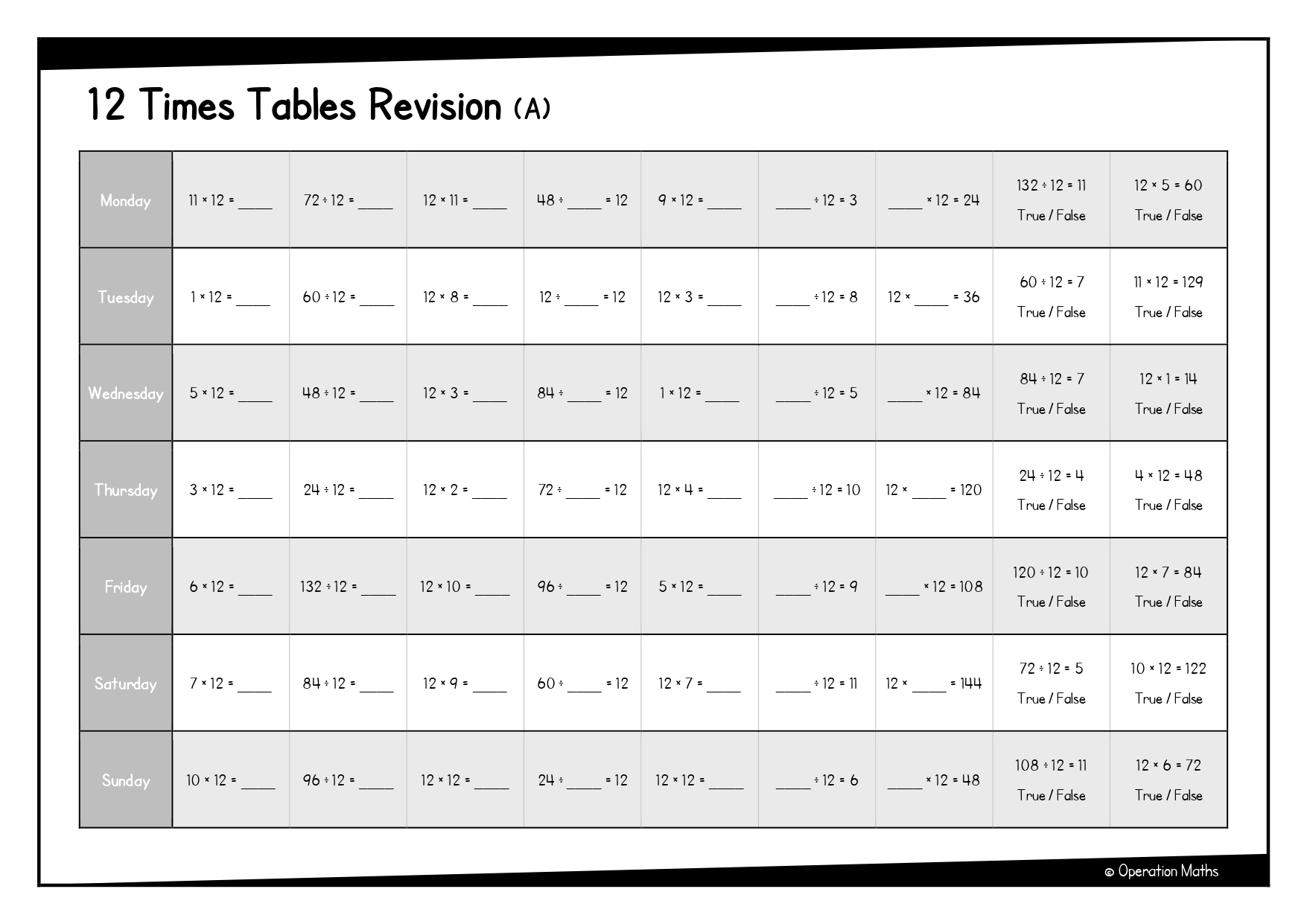12 Times Tables Revision
