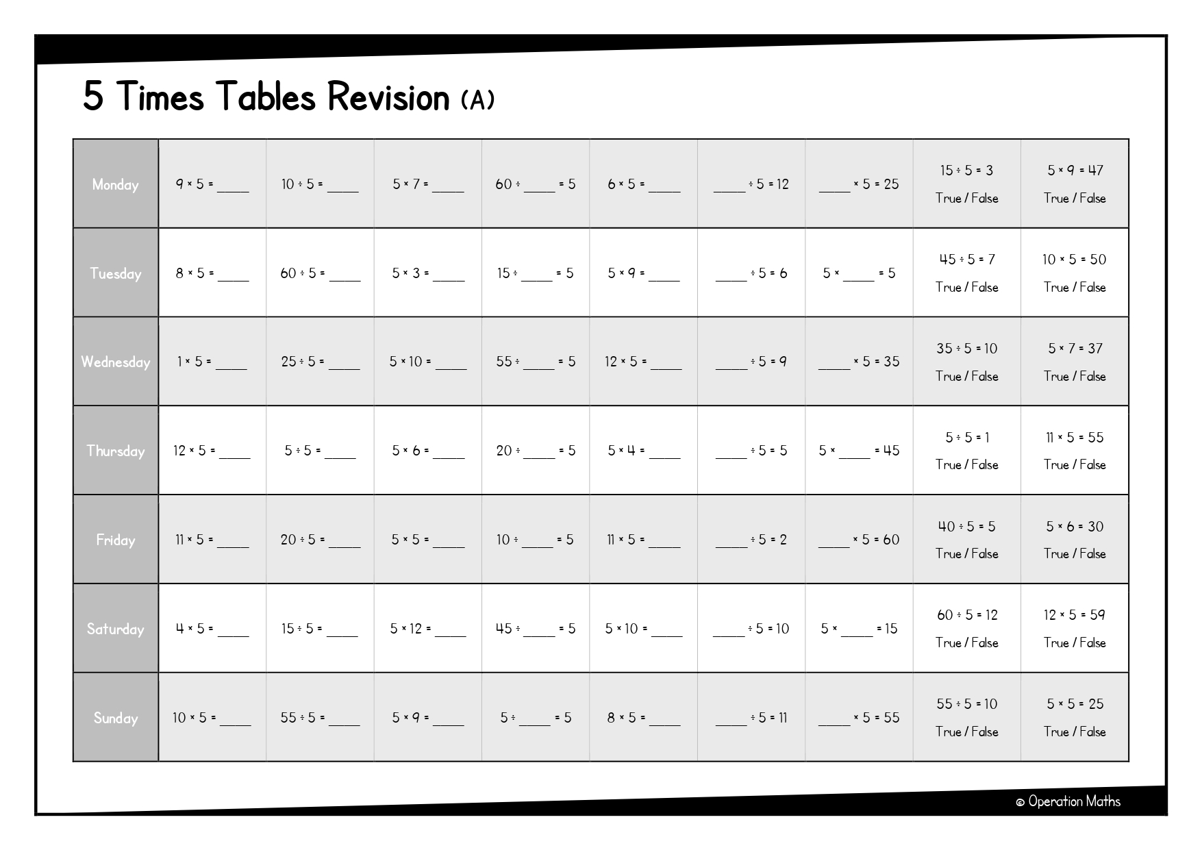 5 Times Tables Revision